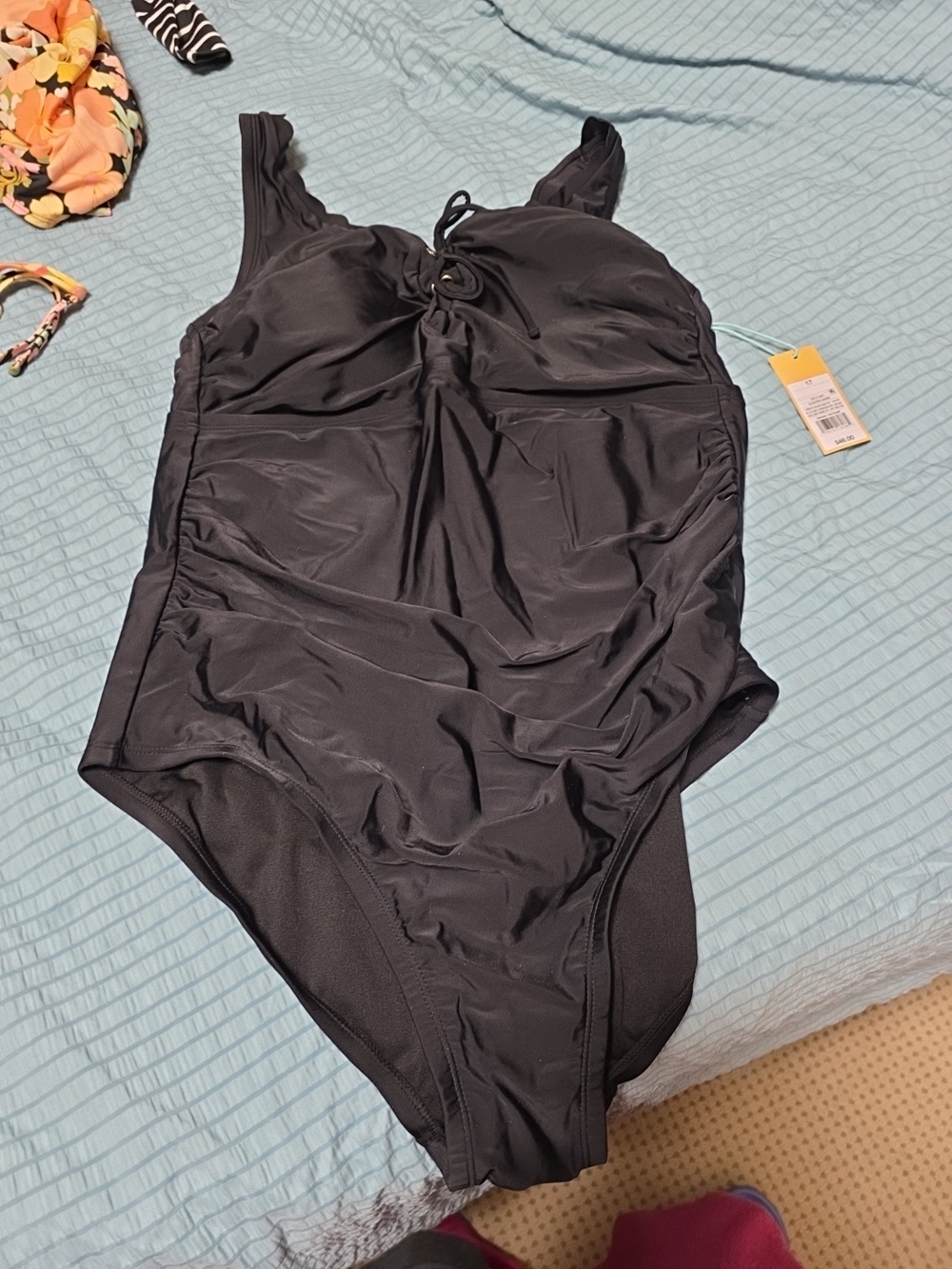 NWT Black Womens One-Piece Swimsuit with Ruched Front Size 17